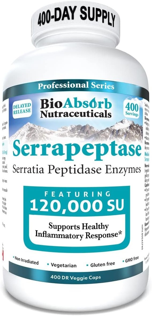 Supplément BioAbsorb Serrapeptase 120000 SPU, haute puissance, libération retardée