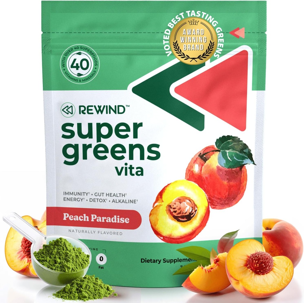 Meilleur Dégustation Super Greens Poudre avec 40+ Superfoods – Delicious Daily Green Poudre avec Vitamine B12, Zinc, Vitamine C, Magnésium et Calcium – Mélange de Jus Vert Superfood - Peach Flavor