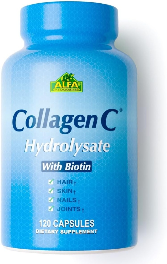 Hydrolysat de Collagène Premium par les vitamines Alfa - Supplément nutritionnel anti-âge riche en vitamine C - peau, ongles et rajeunissement des cheveux - Soutient la santé osseuse et musculaire - Fabriqué aux États-Unis - 120 capsules