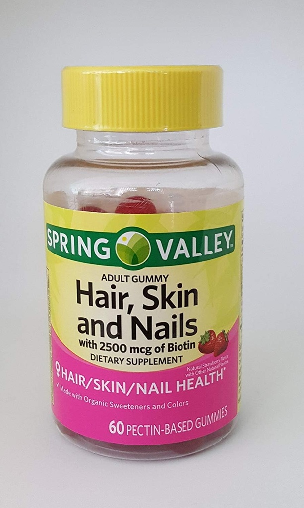 Spring Valley Cheveux, peau et ongles avec 2500 mcg de complément alimentaire Biotin, 60 Gommies à base de pectine