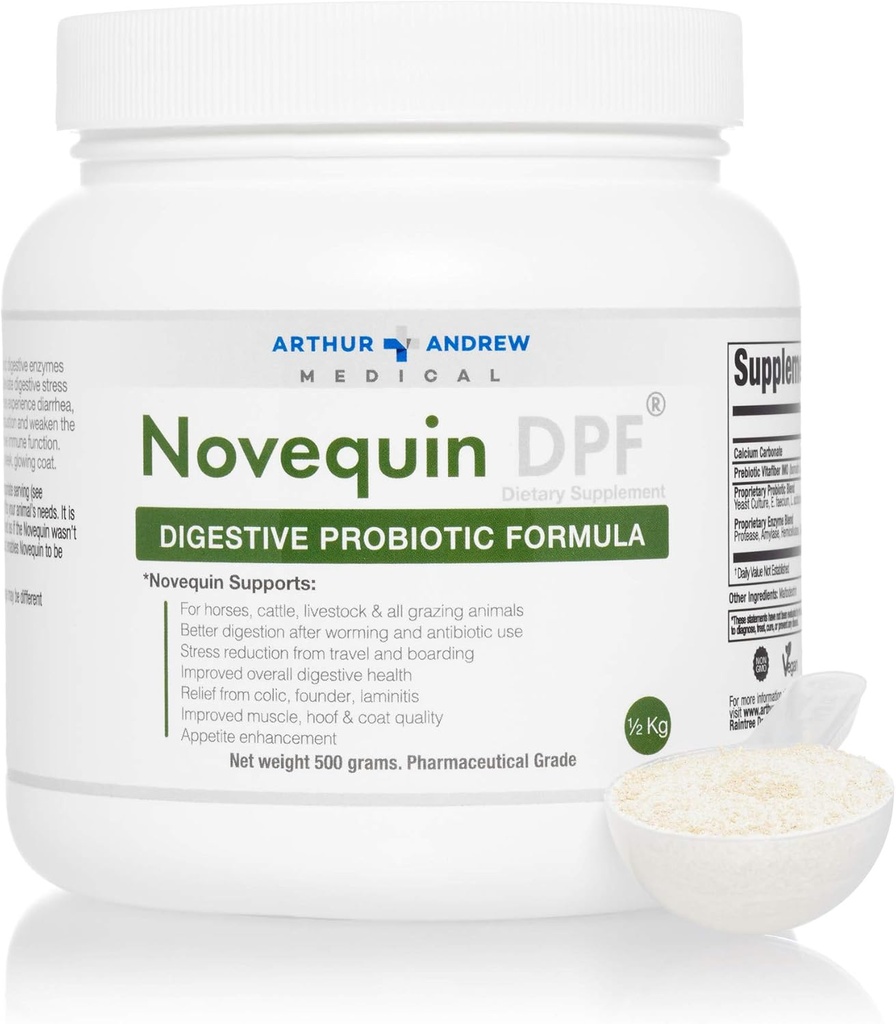 Arthur Andrew Medical, Novequin DPF, Formule probiotique digestive pour les gros animaux, les prébiotiques, les probiotiques et les enzymes, non OGM, 500 grammes
