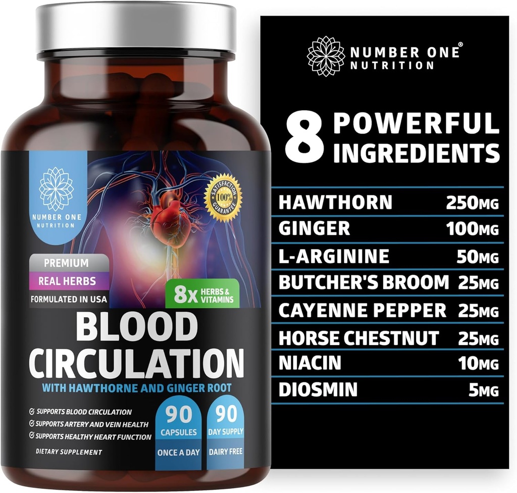 Supplément de circulation de sang premium pour les femmes et les hommes [8 herbes et vitamines puissantes] All Natural Blood Flow Complement with Hawthorn, Butchers Broom and Cayenne Pepper, 90 capsules