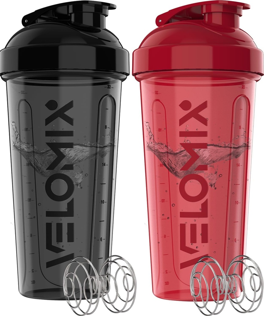 VELOMIX -2 Pack- Bouteille de shaker protéinique de 28 oz pour les mélanges protéiniques - 2x Whisk filaire.