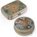 Pill Organizer Pill Box with Mirror Retro Small Pill Case for Purse or Pocket Bronze Pill Box or Vitamines, Huile de poisson, Suppléments, Pill Containe Travel Gifts(2PCS-Retro Mandala)