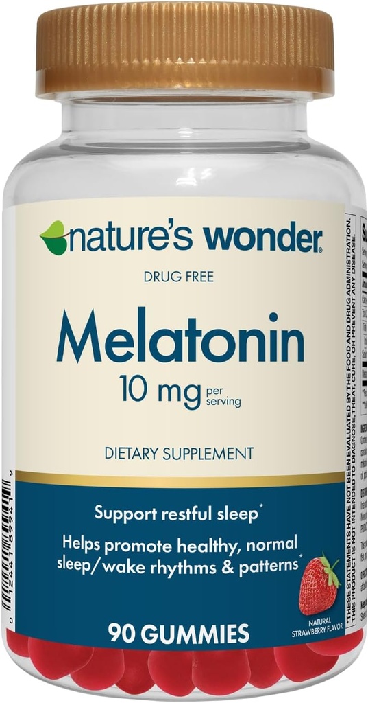 Nature's Wonder Sans médicament Melatonine 10 mg Gummies pour la santé du sommeil des adultes, 100% sans médicament Aide au sommeil, promouvoir le sommeil sain et le rythme de réveil et les modèles, 45 jours d'approvisionnement, 90 comte