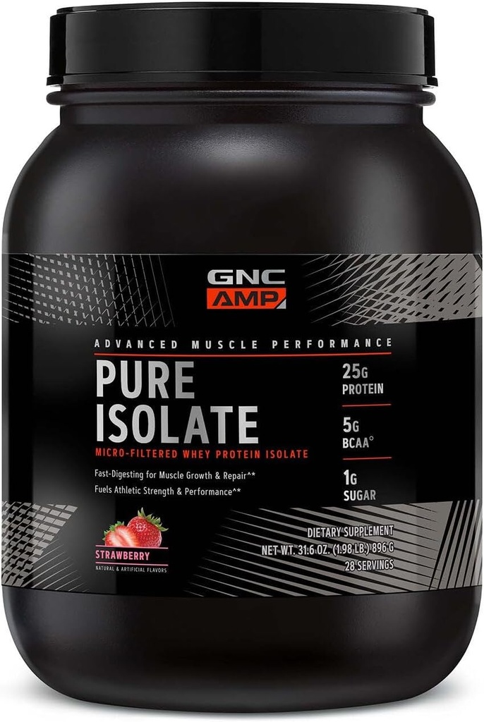 GNC AMP poudre de protéines de lactosérum, croissance musculaire, récupération, performance, 25g de protéines, 5g BCAA, 1g de sucre, 130 calories ou moins, 3e partie testée, sans gluten, fraise, 28 SVG