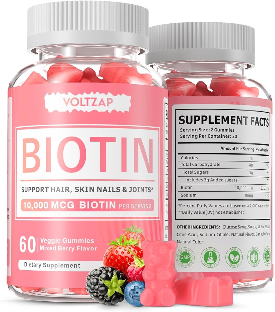 Supplément Biotin, 60 Gommies végétaliens, antioxydants pour la peau, les cheveux et les ongles sains pour les femmes et les hommes, non-OGM