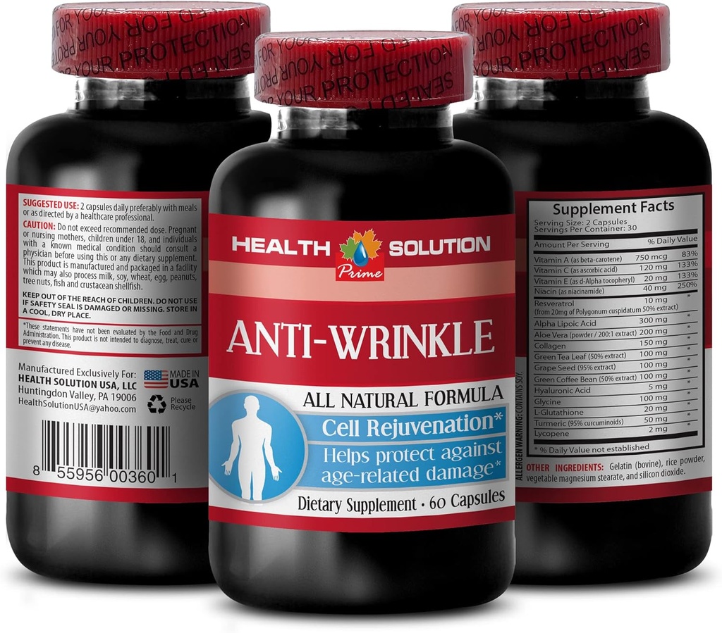 Collagène vitamine E - COMPLEXE ANTI-WRINKLE - Minéraux de la peau, formule naturelle anti-âge, capsules anti rides pour le visage, sérum anti rides, acide alpha lipoïque, pilules anti rides pour les femmes, 1B 60 Caps