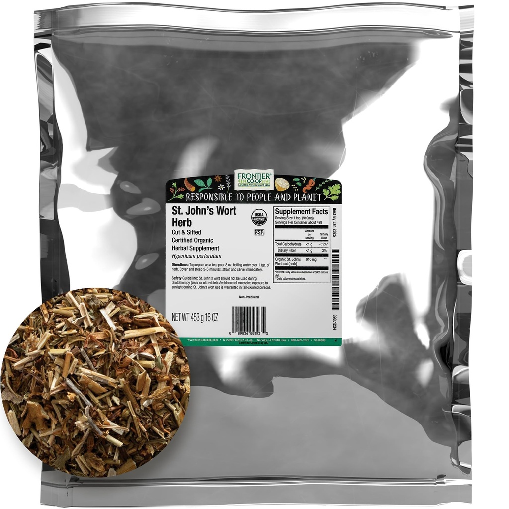 Frontier Co-Op Organic Cut and Sifted Saint John's Wort Herb 1lb - Dried Herb For St Johns Wort Organic Tea Or Diy Capsules, Oil, Tincture, Supplement