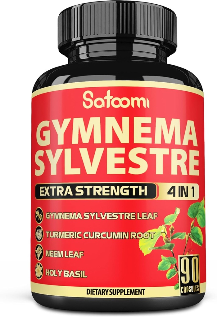 Satoomi Pure Gymnema Sylvestre Capsules Extrait - 90 Capsules pour 3 mois - Combiné avec Neem Leaf, Saint Basilic et Curcumine Curcumine