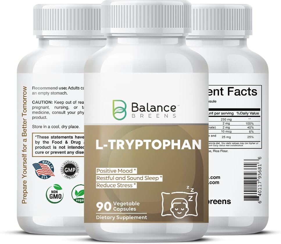 L-Tryptophane 250mg, 90 Capsules de Veg - Supplément pour le sommeil reposant et la relaxation