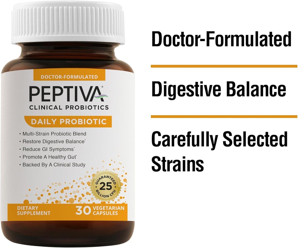 Peptiva Daily Probiotic, 25 Billion CFU, Multi-Strain Probiotics, Lactobacillus Acidophilus, Bifidobacterium, Digestive Support Supplement - 30 Count