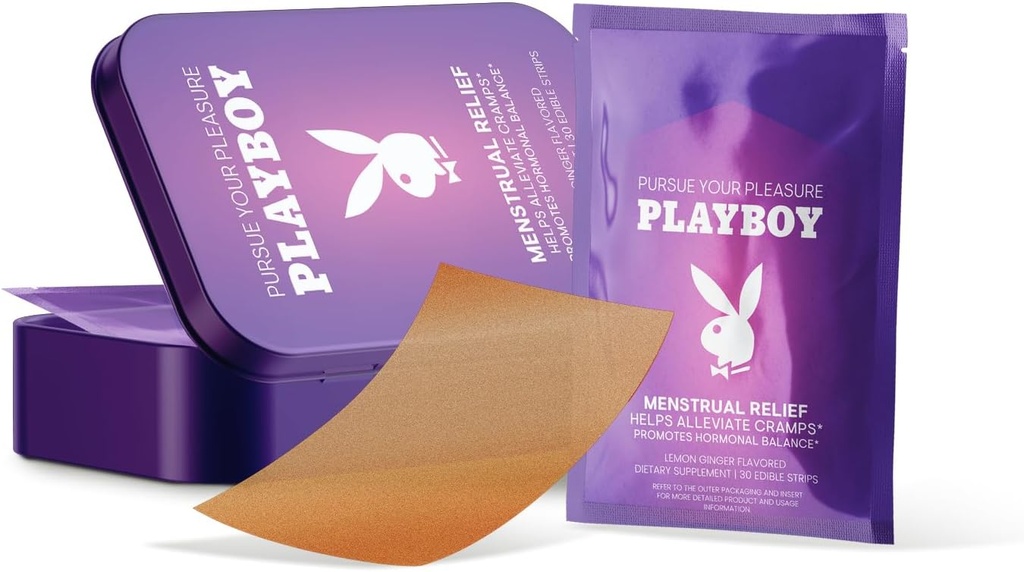 AVID Playboy - Strips oraux de soulagement menstruel PMS (30 bandes comestibles) Dissolution rapide Strips de soulagement de la crampe et d'équilibre hormonal pour les femmes - Lemon Ginger Flavored Multi-Benefit PMS Supplément pour les femmes