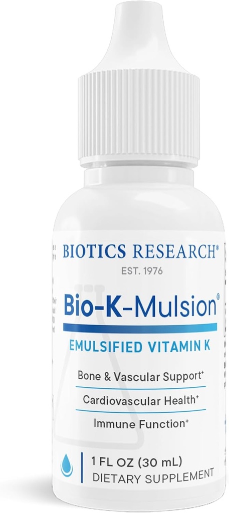 Recherche en biotique Bio K Mulsion Liquid Vitamine K gouttes - 500 mcg/S - Vitamine K1 phytonadione pour les adultes - Supplément VIT K - Bons forts, santé cardiovasculaire, soutien de la coagulation du sang, 1 fl oz