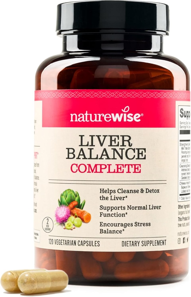 NatureWise Liver Balance Detox Supplement - triple formule de réparation avec chardon de lait, dandelion, curcuma, artichaut, champignons Reishi & Kudzu, - végétalien - 120 capsules[60 jours]