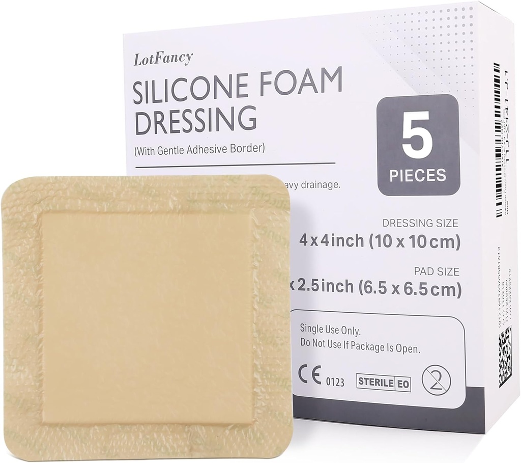 Dressing en mousse de silicone LotFancy, 4"x 4" (2,5"x2,5" Pad), 5 Comte, Robe adhésive latérale stérile, Douleurs de lit, Leg Ulcers Wound Care Bandage, Très Absorbant, Étanche