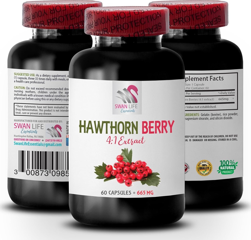 capsules d'extrait de baies d'aubépine - HAWTHORN BERRIES EXTRACT - poudre d'extrait de baies, énergie des baies sauvages, pilules d'énergie d'aubépine, teinture de baies d'aubépine, complément antioxydants pour les femmes 1 Bot 60 Caps
