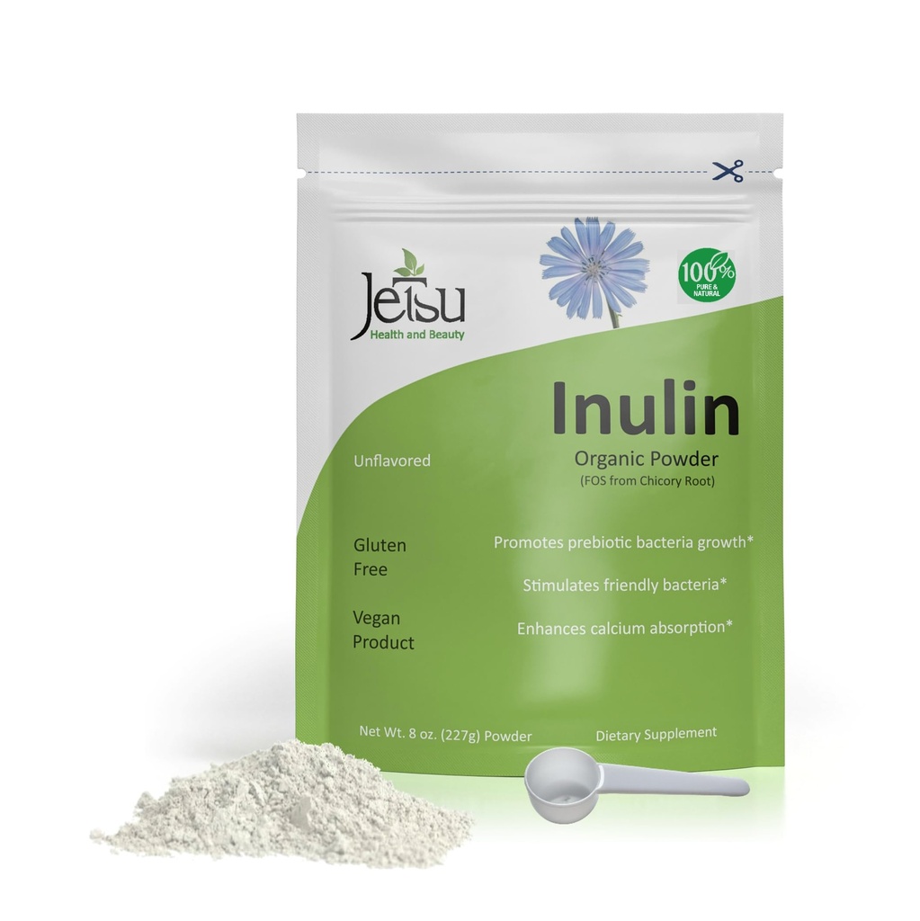 Jetsu Poudre d'inuline Racine de chicorée organique (FOS) - Soluble Inulin Fibre Soutien intestinal prébiotique, améliore l'absorption de calcium, stimule les bactéries amicales, favorise la croissance prébiotique, 8oz