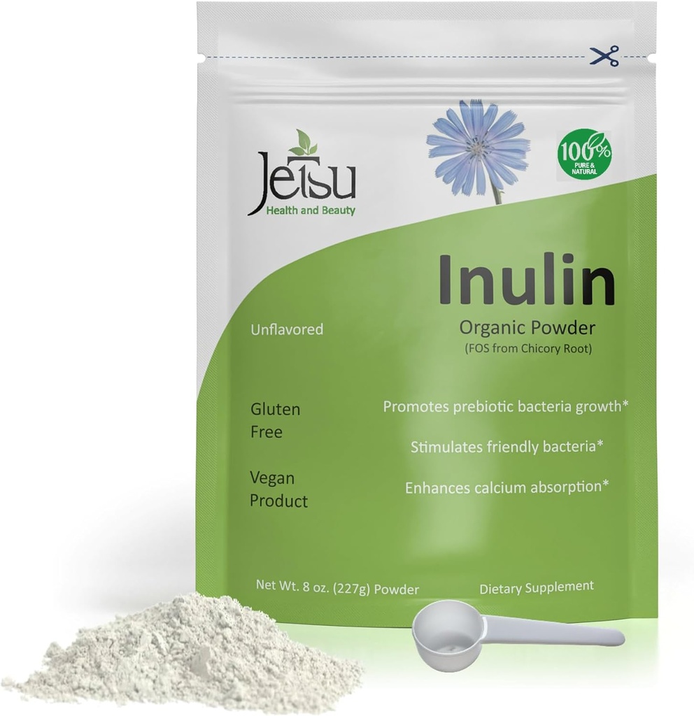 Jetsu Poudre d'inuline Racine de chicorée organique (FOS) - Soluble Inulin Fibre Soutien intestinal prébiotique, améliore l'absorption de calcium, stimule les bactéries amicales, favorise la croissance prébiotique, 8oz
