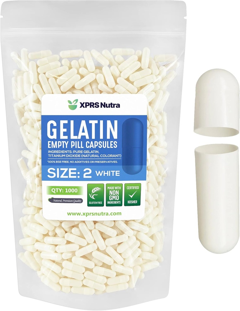 XPRS Nutra Size 2 Empty Capsules - 1000 Count Empty Gelatin Capsules - Pills DIY Capsule Filling - Pure Bovine Pill Gel Caps for Do-It-Yourself Supplements (White)