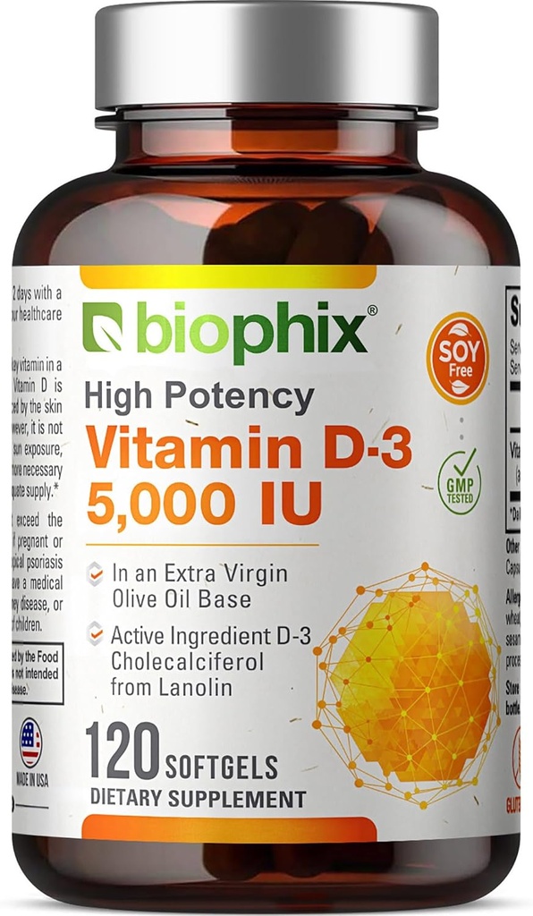 Vitamine D3 5000 UI Softgels 120 Compte (125mcg) - Vitamine D-3 Haute puissance dans l'huile d'olive vierge extra sans OGM sans soja pour les hommes et les femmes - Vit Supplément 3D soutient les os forts et la santé immunitaire