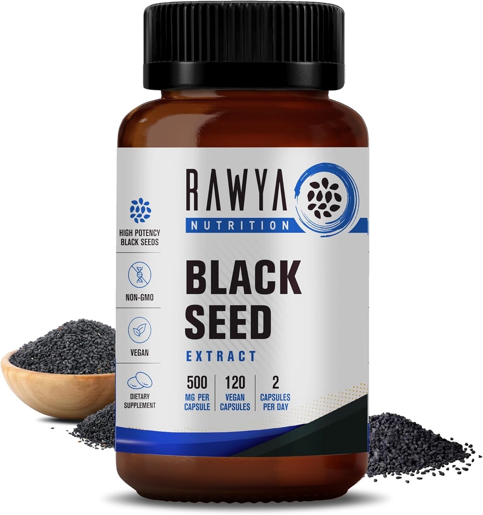 RAWYA Nutrition Extrait de graines noires, Nigella Sativa, poudre de graines de cumin noir, 500 mg Chacun, favorise le mieux-être, la flexibilité et la peau radiante, halal, végétalien, pur et supplément naturel - 120 capsules végétaliennes