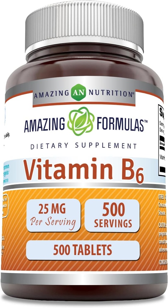 Amazing Formulas Vitamin B6 (Pyridoxine) 25 Mg Supplement | Tablets | Non-GMO | Gluten-Free | Made in USA (1 Pack | 500 Count)
