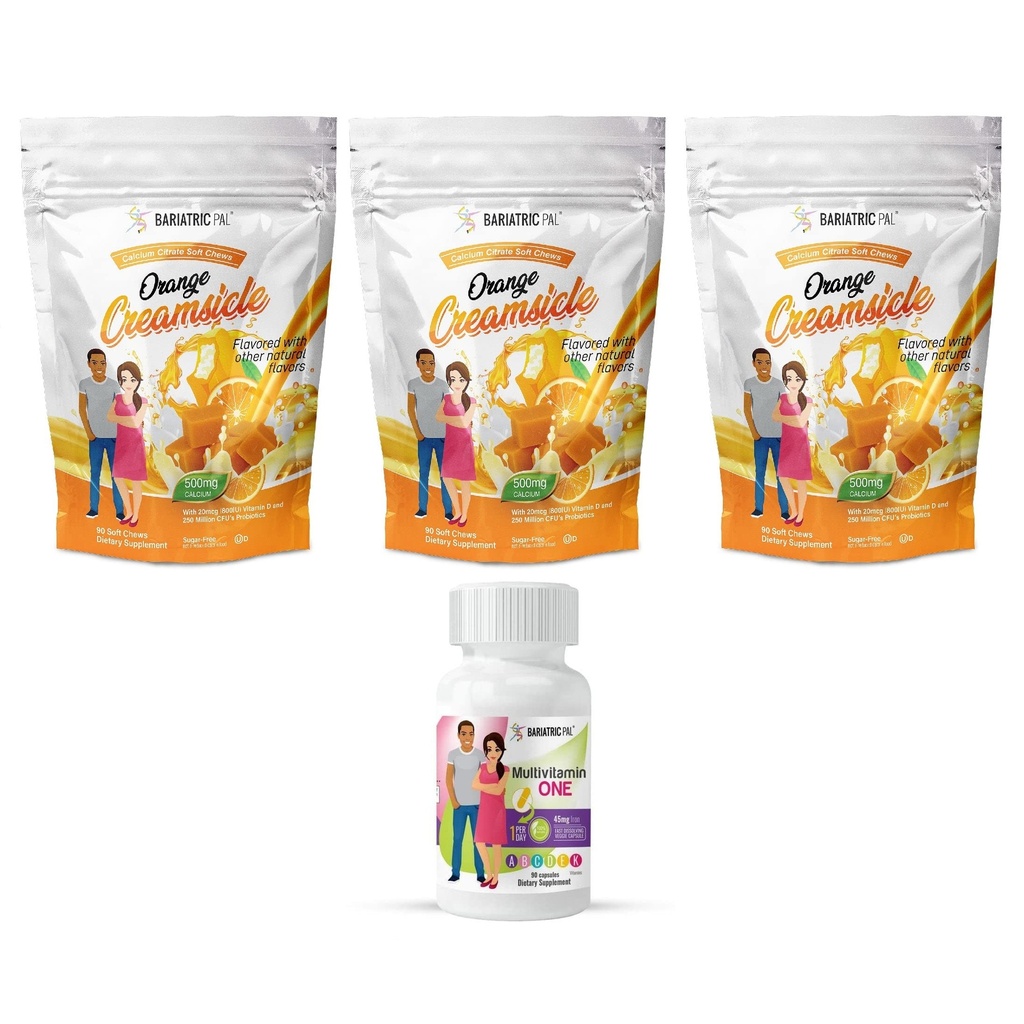 BariatricPal 90 jours Bariatric Vitamine Bundle (Multivamine ONE 1 par jour! Capsule avec 45mg de fer et de citrate de calcium Mâches molles 500mg avec probiotiques - crème orange)