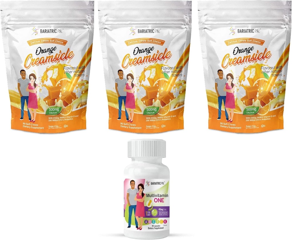 BariatricPal 90 jours Bariatric Vitamine Bundle (Multivamine ONE 1 par jour! Capsule avec 45mg de fer et de citrate de calcium Mâches molles 500mg avec probiotiques - crème orange)