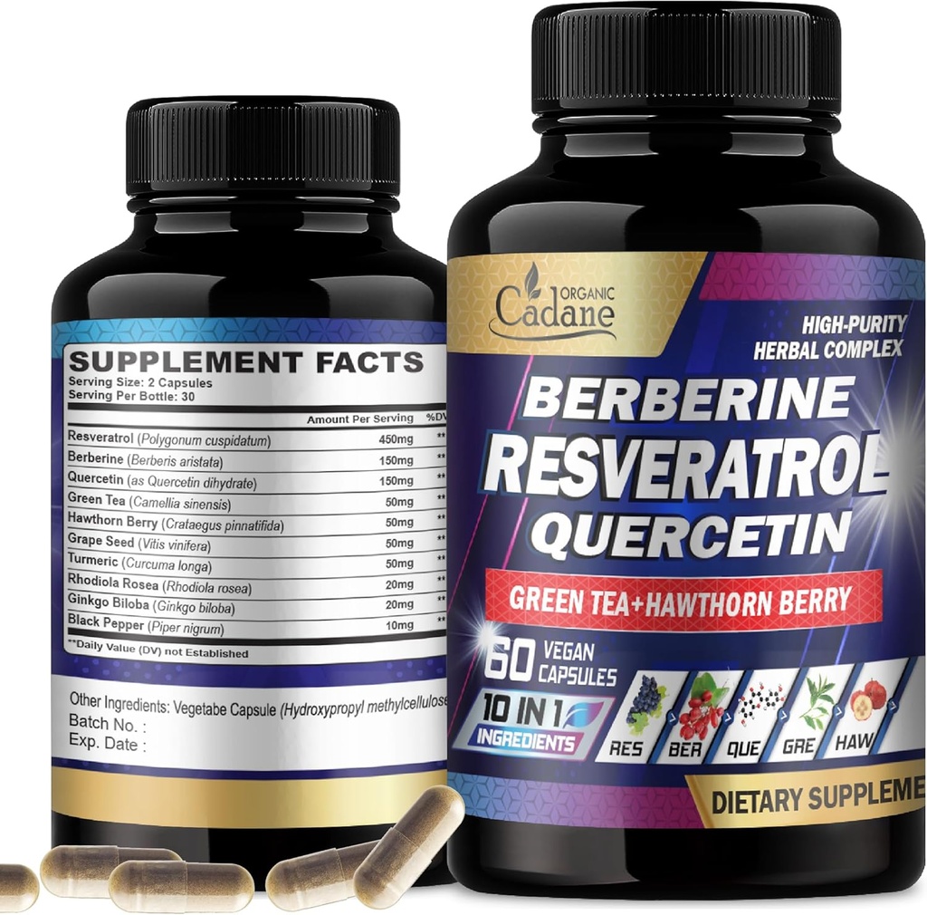 Cadane Resveratrol Supplément - 10in1 Plus avec Quercetin, Berberine, Thé vert, Graines de raisin, Berry Hawthorn, Turmeric, Rhodiola Rosea, Ginkgo Biloba et poivre noir - 60 Capsules