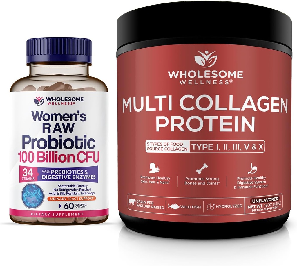 Probiotiques de bien-être sain pour les femmes 100 milliards d'UFC avec prébiotiques, enzymes digestives + poudre de protéines multicollagènes hydrolysée (type I II III V X)