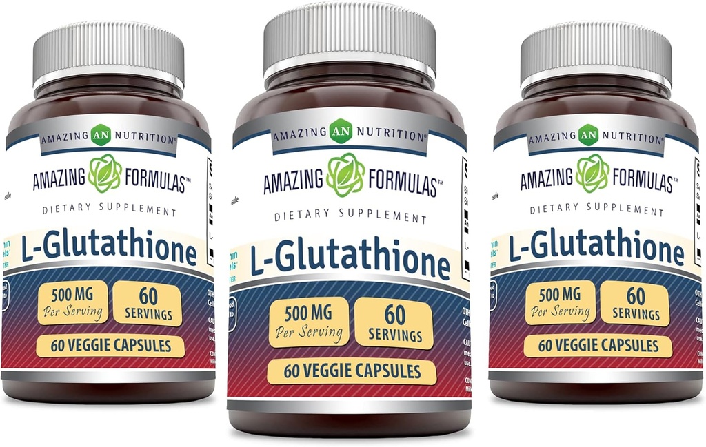 Formules étonnantes Réduction L-Glutathion Supplément de 500 Mg par portion 60 Capsules Véggies , sans OGM , sans gluten , Fabriqué aux États-Unis (Pack de 3)