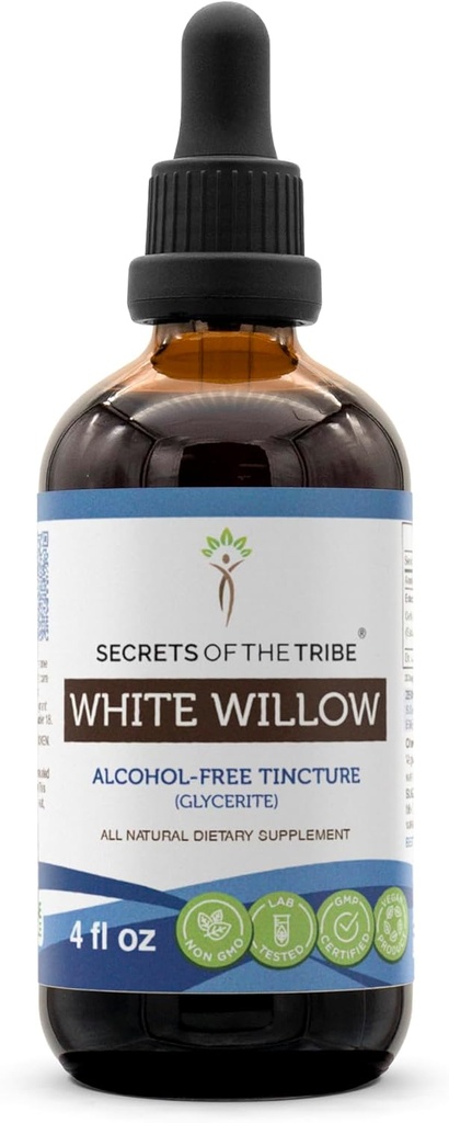 Secrets de la tribu de la teinture de saule blanc Extrait sans alcool, saule blanc (Salix Alba) séché Bark 4 FL OZ