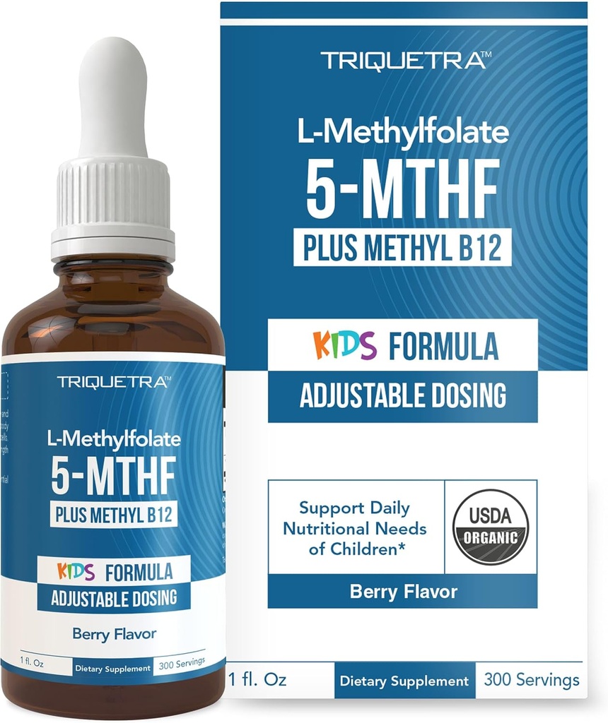 Organic Kids Methylfolate + Methyl B12 Cofactor - Bio Berry Flavor, Forme Sublinguale - Forme 5-MTHF, Forme Supérieure du Folate - Dosage réglable pour tous les âges - Mood, Behavior, Cognition - 1 oz.