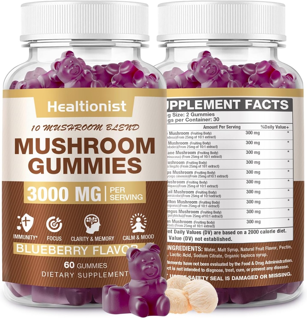 3000MG Complexe de champignons Gummies 10 Blend - Gummies Lion's Mane pour adultes, Cordyceps, Shiitake, Reishi, Chaga, - Cerveau, Immune Support & Stress Relief, Énergie, Supplément de champignons pour hommes et femmes 60ct