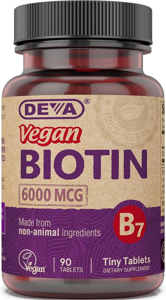 DEVA Supplément de biotine végétalienne 6000 mcg – Vitamine B7 facile à avaler, comprimés minuscules, 90 Compte