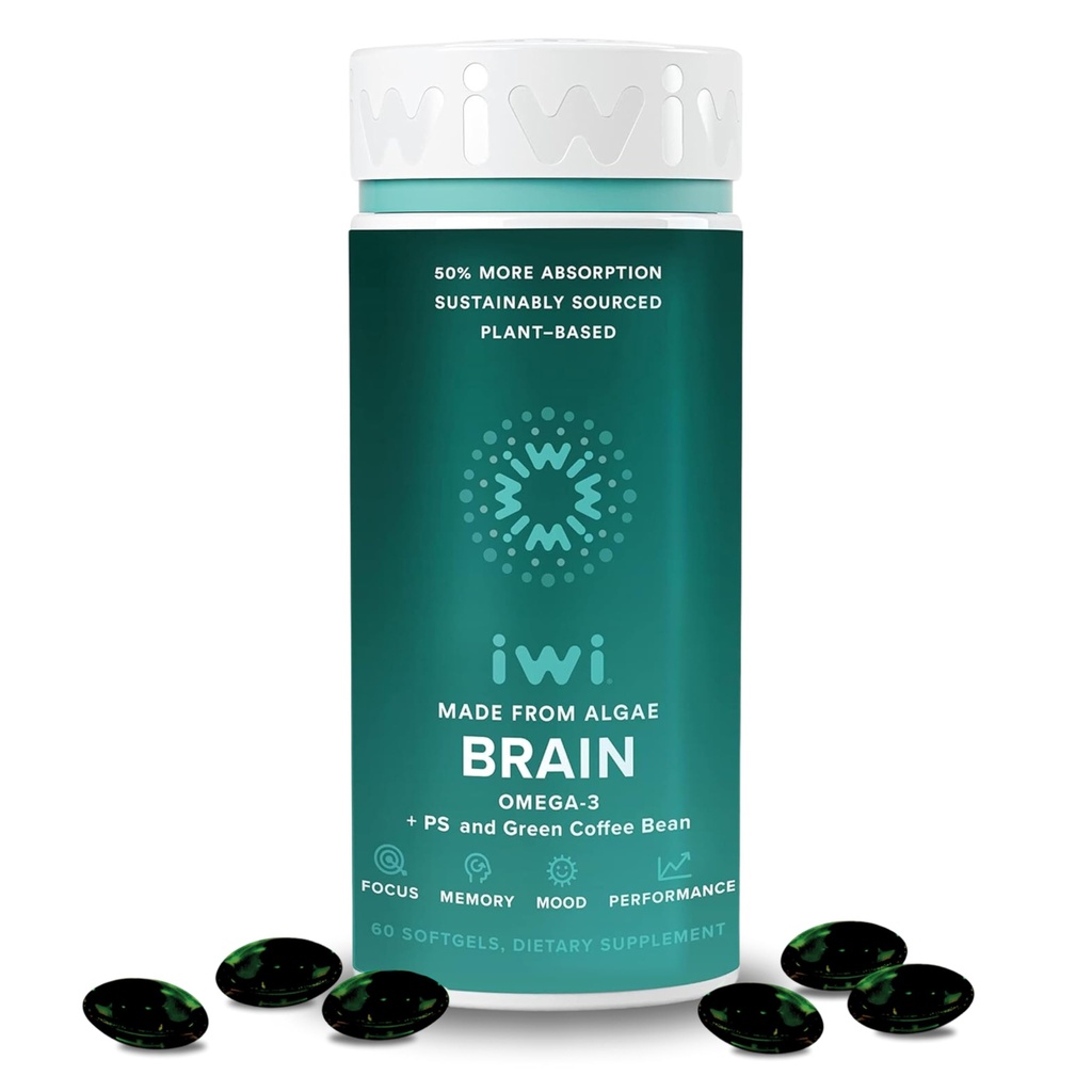 Iwi Life Cerveau Omega-3, 60 Softgels (30 portions), Algae Omega-3 à base végétale végétalienne avec EPA + DHA, Focus, Mémoire et Mood Support Supplément diététique, Krill & Fish Oil Alternative, Pas d'après-goût de poisson