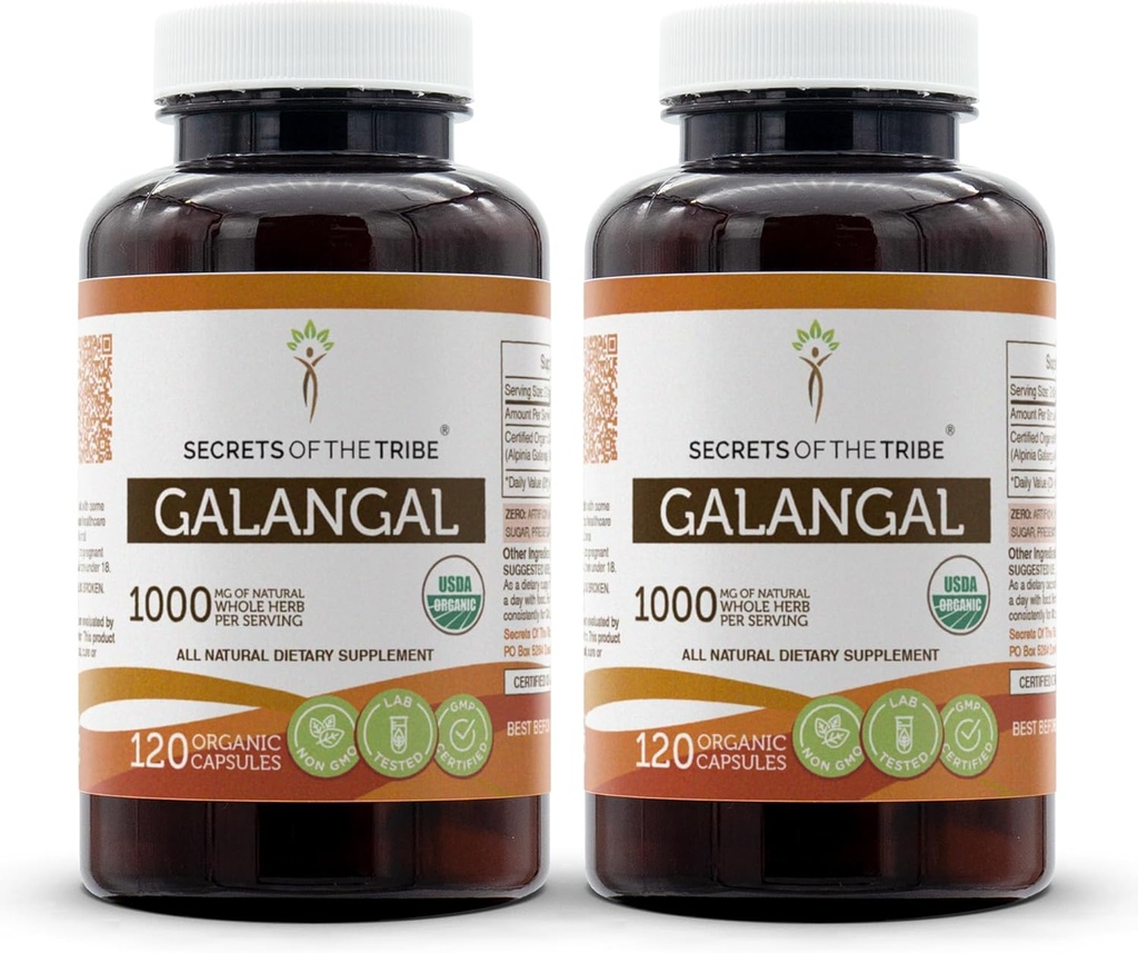 Secrets of the Tribe Galangal 120 Capsules (2 pcs.), 1000 mg, USDA Organic Galangal (Alpinia Galangal) Dried Root (2x120 Capsules)