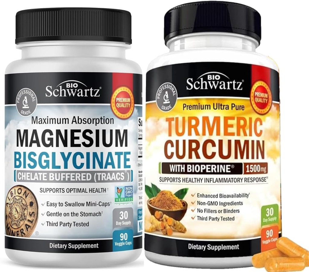 Curcumine curcumine avec extrait de poivre noir 1500mg complexe (1 mois d'approvisionnement) Plus haute absorption Capsules de bisglycinate de magnésium (1 mois d'approvisionnement)