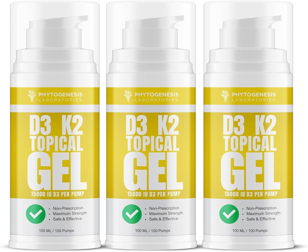 Vitamine D3 K2 Gel topique de résistance maximale - 15000+ UI par pompe - La vitamine Sunshine - soutient la santé osseuse et articulaire, le soutien immunitaire - un mois d'approvisionnement