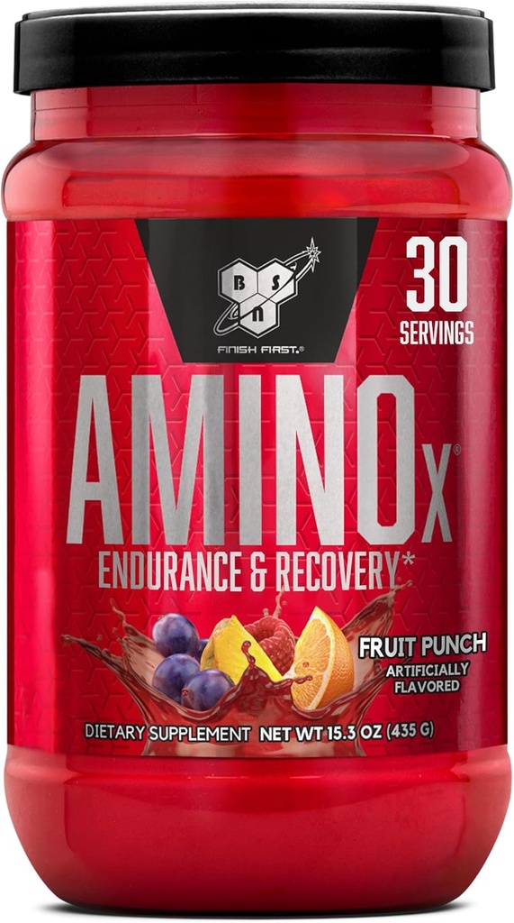 BSN Amino X Muscle Recovery & Endurance Powder, BCAAs, 10 Grams of Amino Acids, Keto Friendly, Sans caféine, Support Endurance, Zero Sugar, Fruit Punch, 30 portions, 15.34 Ounce (Packaging May Vary)