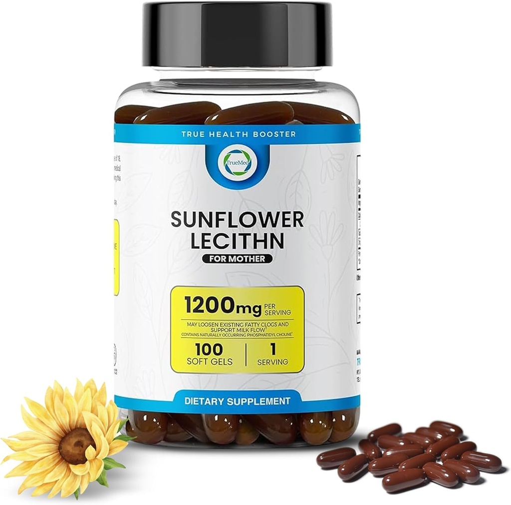 Lécithine de tournesol 1200 mg, flux de lait, sans soja et sans OGM Soutien pour l'allaitement maternel Des mères débloquent des couettes de lait obstruées, Cerveau, Nerve et santé du foie, Phospholipide-Rich pour mère 100 Softgel