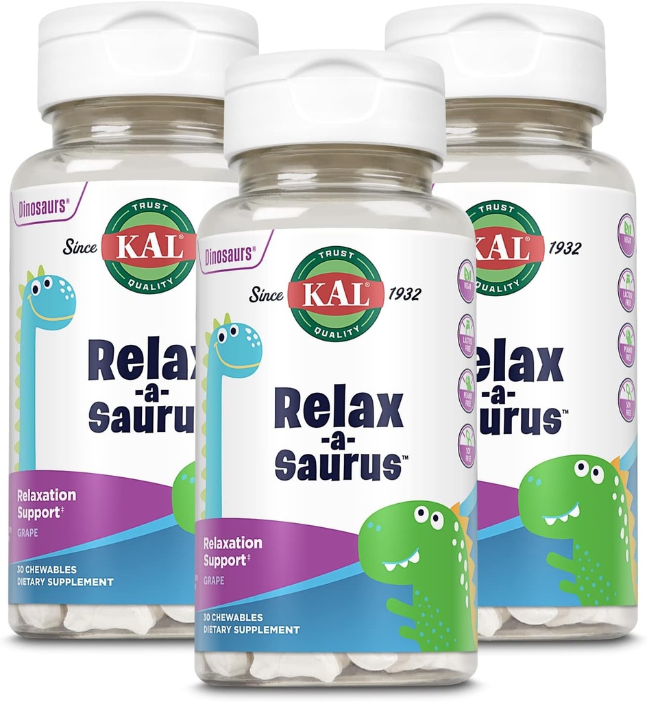 KAL Relax-a-Saurus, supplément de soutien au stress pour les enfants, L-Theanine pour les enfants avec anti-stress et relaxation à base de plantes et mélange, délicieuse saveur naturelle de raisin, garantie de 60 jours, 30 boîtes à croquer