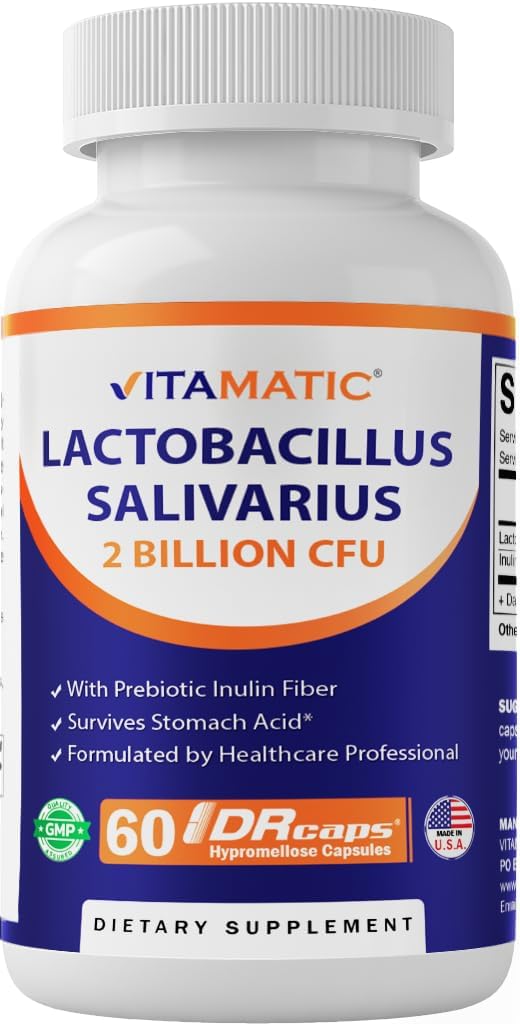 Vitamatic Lactobacillus Salivarius 2 milliards par DR Capsule - 60 Compte - Soutien digestif - Fabriqué avec la fibre d'inuline prébiotique (1 bouteille)