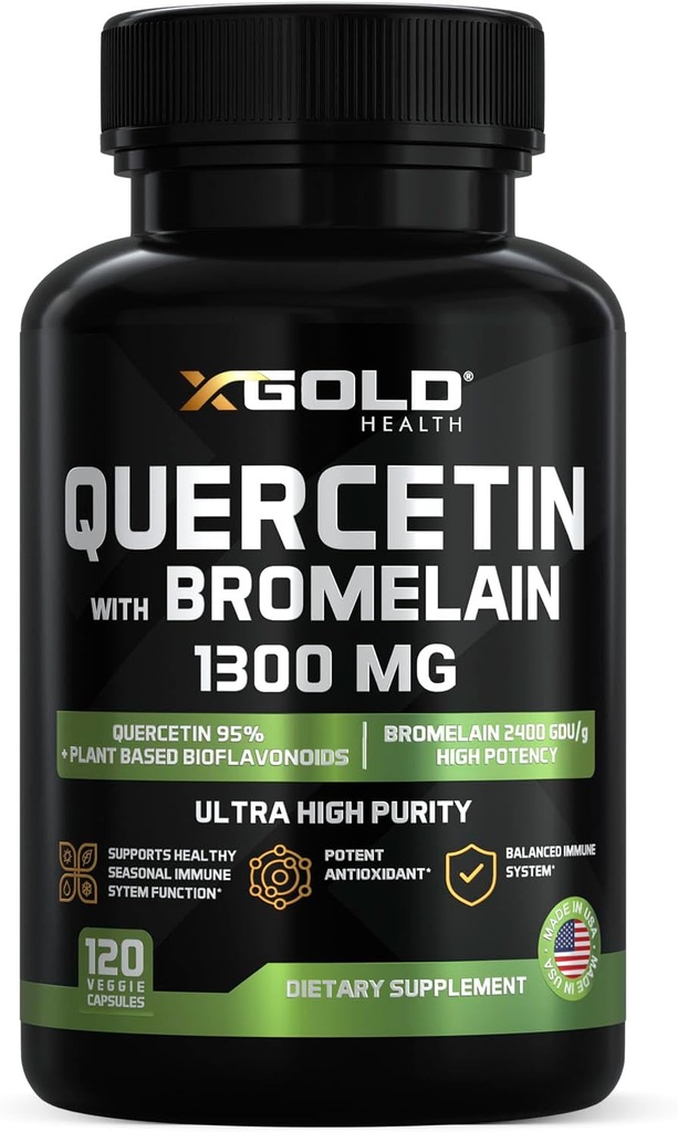 Quercetin + Bromelain 1.300mg – Quercetin: 95% - hautement purifié et hautement biodisponible Plus Bromelain 2.400 GDU/g - Fabriqué aux États-Unis