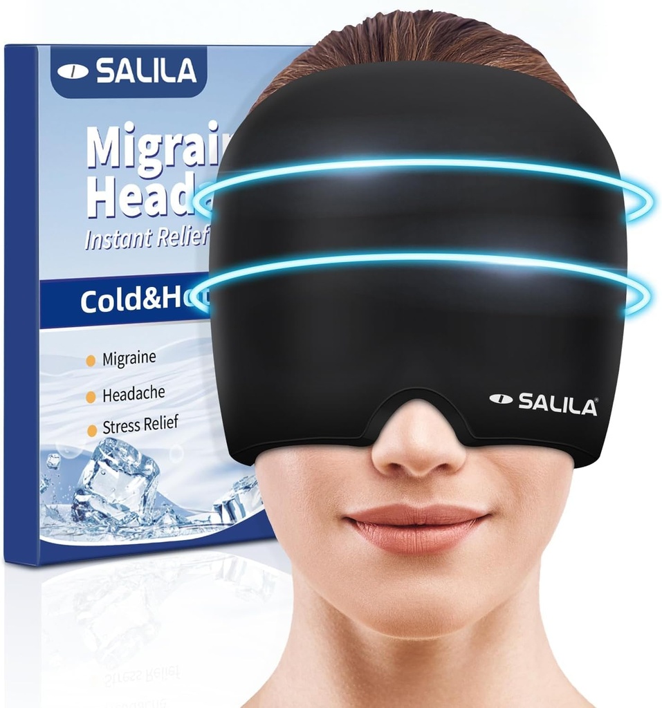 SALILA Cap de soulagement de la migraine - Paquet de gel de refroidissement avancé, Chapeau de maux de tête sans odorine, une taille convient à tous, traitement froid et chaud pour le sinus, tension, stress - Soin instantané de maux de tête