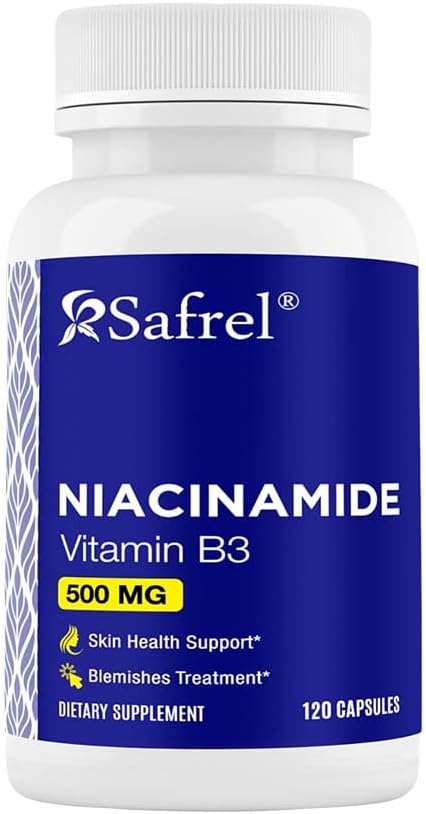 Safrel Niacinamide 500mg (Vitamine B3) - 120 Capsules - Skin Health & Blemish Support - Non-OGM, sans gluten - Formule sans flush - pour la santé des hommes et des femmes