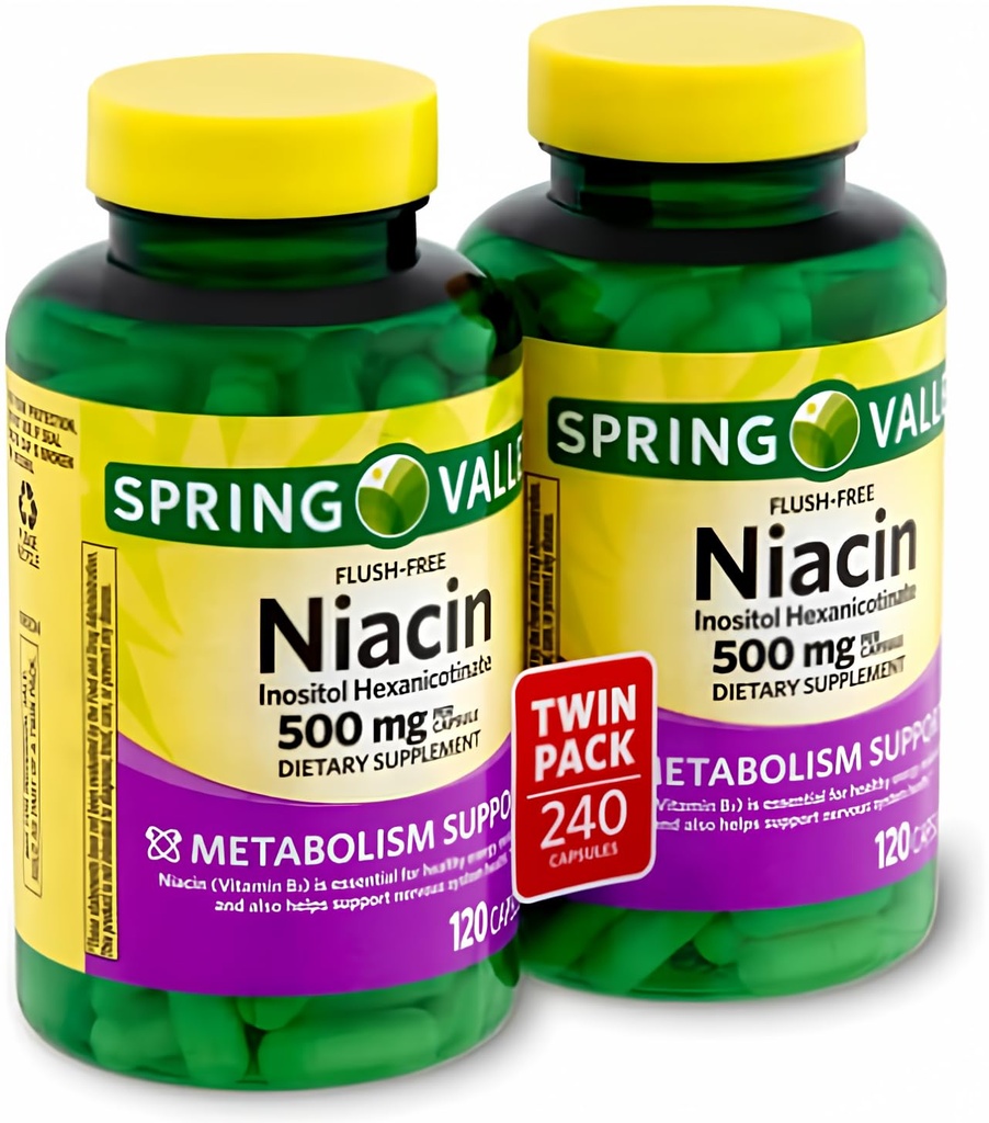 Spring Valley - Niacine sans flush (B-3) 500 mg, 240 gélules (2 bouteilles de 120)