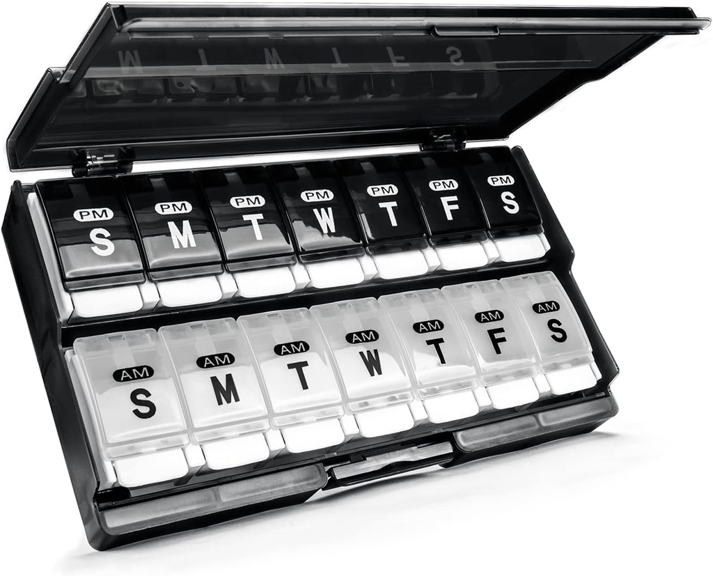 Extra Large Organisateur de pilules hebdomadaires 2 fois par jour - Remise Am/Pm Daily Pill Case Medicine Organisateur, Push Button Boîte à pilules de 7 jours pour pilules/vitamine/vitamine de foie/Suppléments (noir et blanc)