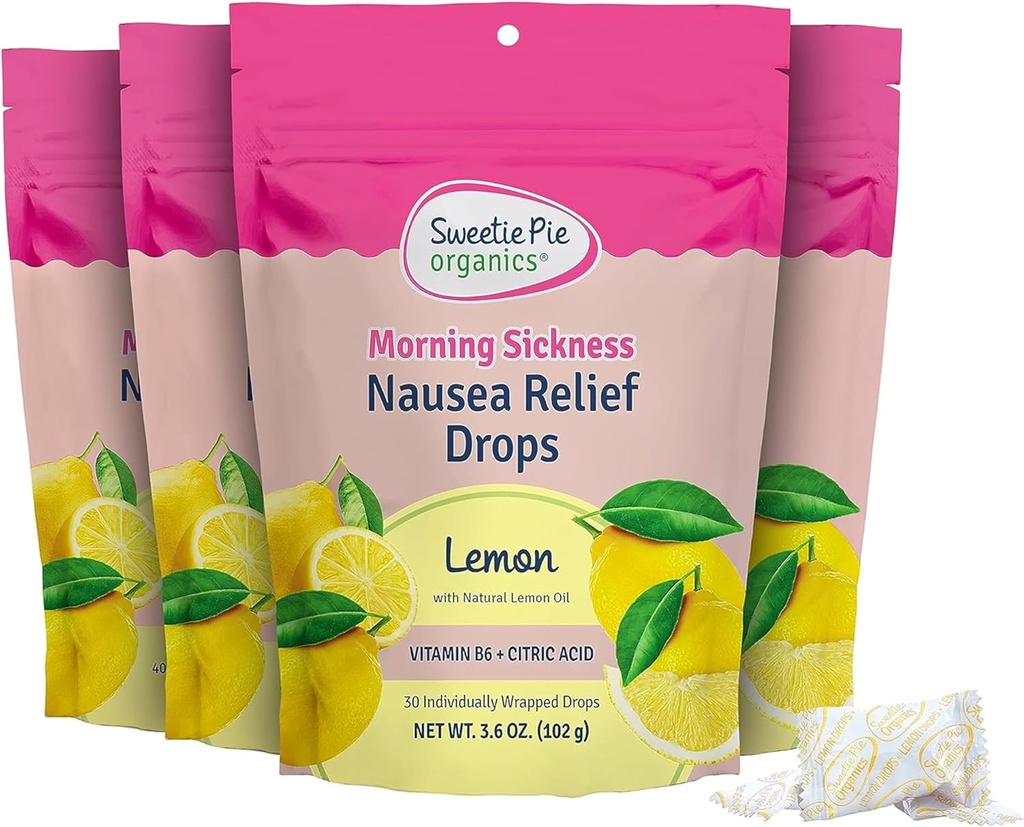 Sweetie Pie Organics Pregnancy Nausea Relief Drops, Soothe First Trimester Morning Sickness, Lemon Flavor, 30 Count, 4 Pack
